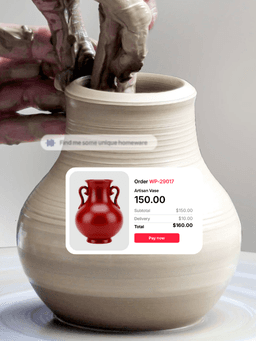 Hands shaping clay on pottery wheel with product listing for red vase displayed on screen.