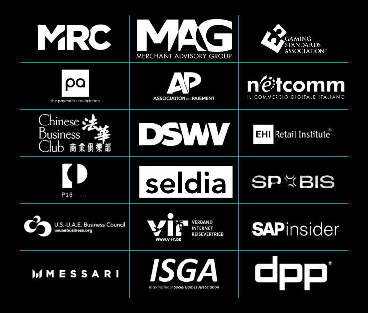 Grid of payment and commerce industry association logos on black background