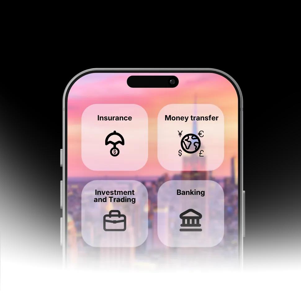 Phone screen showing different financial services sub-industries covered by Worldpay, including insurance, money transfer, investment and trading, and banking