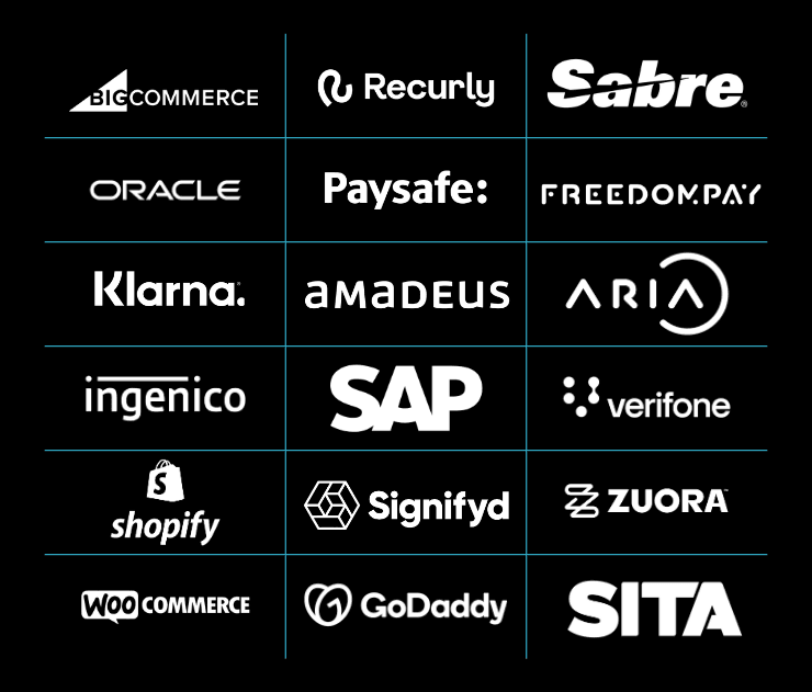 Grid of technology company logos including BigCommerce, Recurly, Sabre, Oracle, and others on black background.