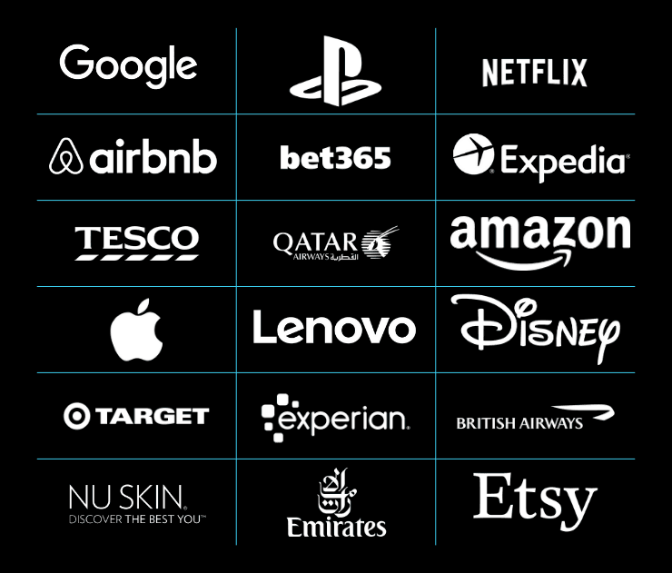 Grid of popular brand logos including Google, PlayStation, Netflix, Airbnb, and others on black background.